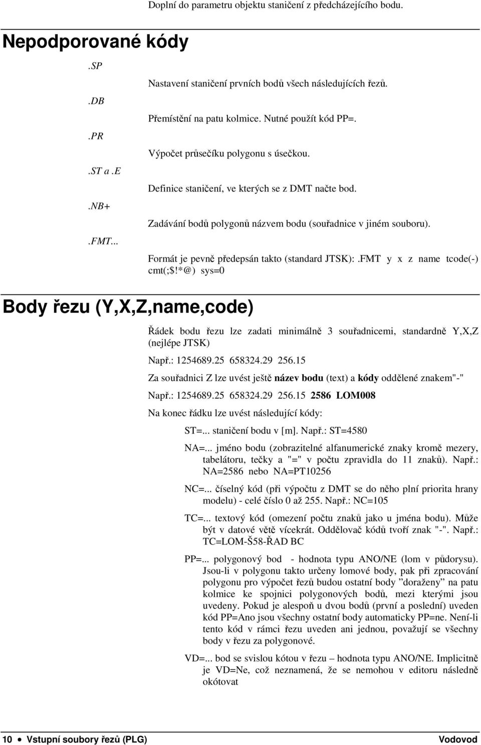 Body řezu (Y,X,Z,name,code) Zadávání bodů polygonů názvem bodu (souřadnice v jiném souboru). Formát je pevně předepsán takto (standard JTSK):.FMT y x z name tcode(-) cmt(;$!