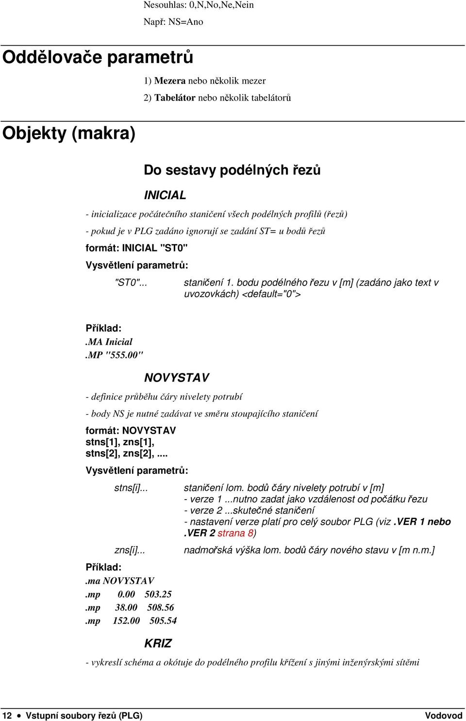 bodu podélného řezu v [m] (zadáno jako text v uvozovkách) <default="0"> Příklad:.MA Inicial.MP "555.