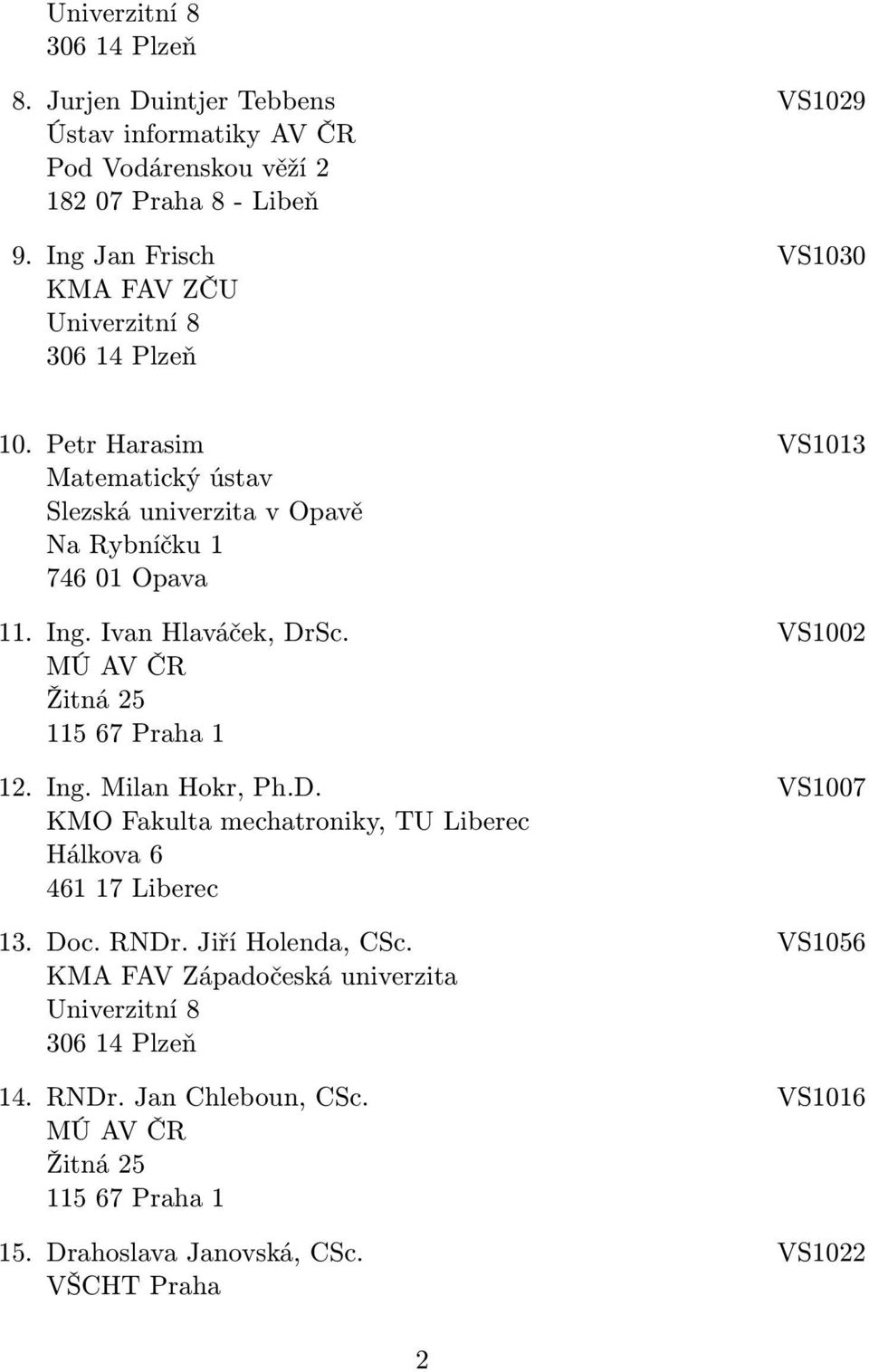 VS1002 MÚ AV ČR Žitná 25 115 67 Praha 1 12. Ing. Milan Hokr, Ph.D. VS1007 KMO Fakulta mechatroniky, TU Liberec Hálkova 6 461 17 Liberec 13. Doc.