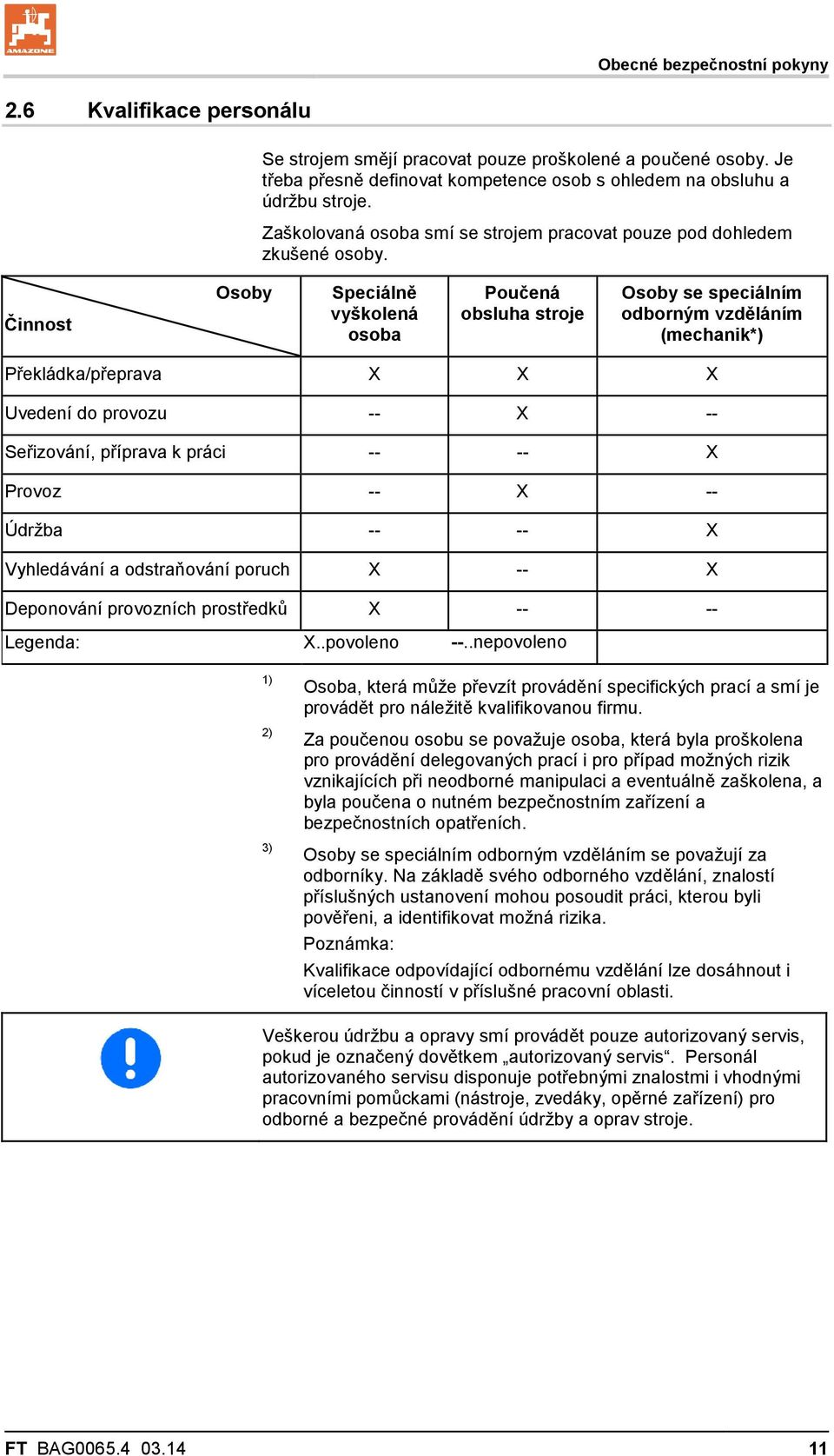 Činnost Osoby Speciálně vyškolená osoba Poučená obsluha stroje Osoby se speciálním odborným vzděláním (mechanik*) Překládka/přeprava X X X Uvedení do provozu -- X -- Seřizování, příprava k práci --