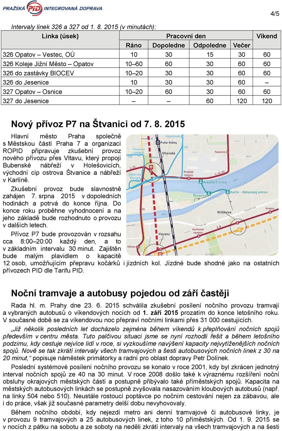 30 60 60 326 do Jesenice 10 30 30 60 327 Opatov Osnice 10 20 60 30 60 60 327 do Jesenice 60 120 120 Nový přívoz P7 na Štvanici od 7. 8.