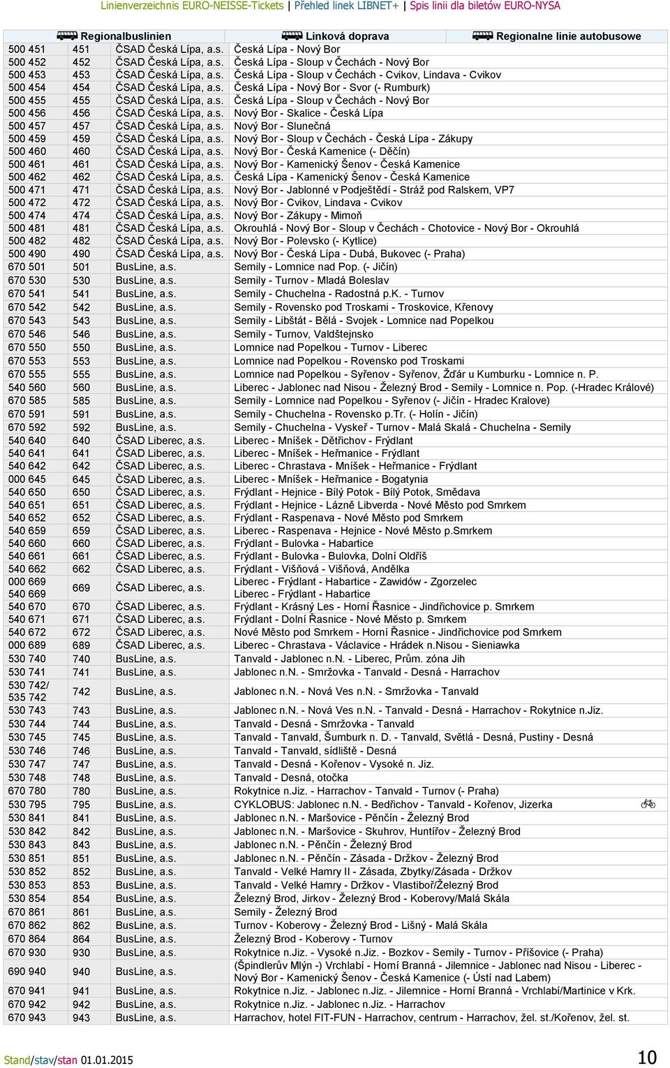 s. Nový Bor - Slunečná 500 459 459 ČSAD Česká Lípa, a.s. Nový Bor - Sloup v Čechách - Česká Lípa - Zákupy 500 460 460 ČSAD Česká Lípa, a.s. Nový Bor - Česká Kamenice (- Děčín) 500 461 461 ČSAD Česká Lípa, a.