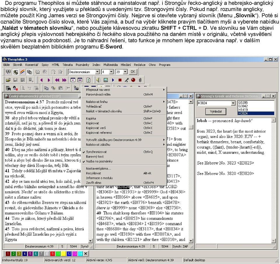 Poté si označíte Strongovo číslo slova, které Vás zajímá, a buď na výběr kliknete pravým tlačítkem myši a vyberete nabídku Nalézt v tématech slovníku, nebo použijete klávesovou zkratku SHIFT + CTRL +
