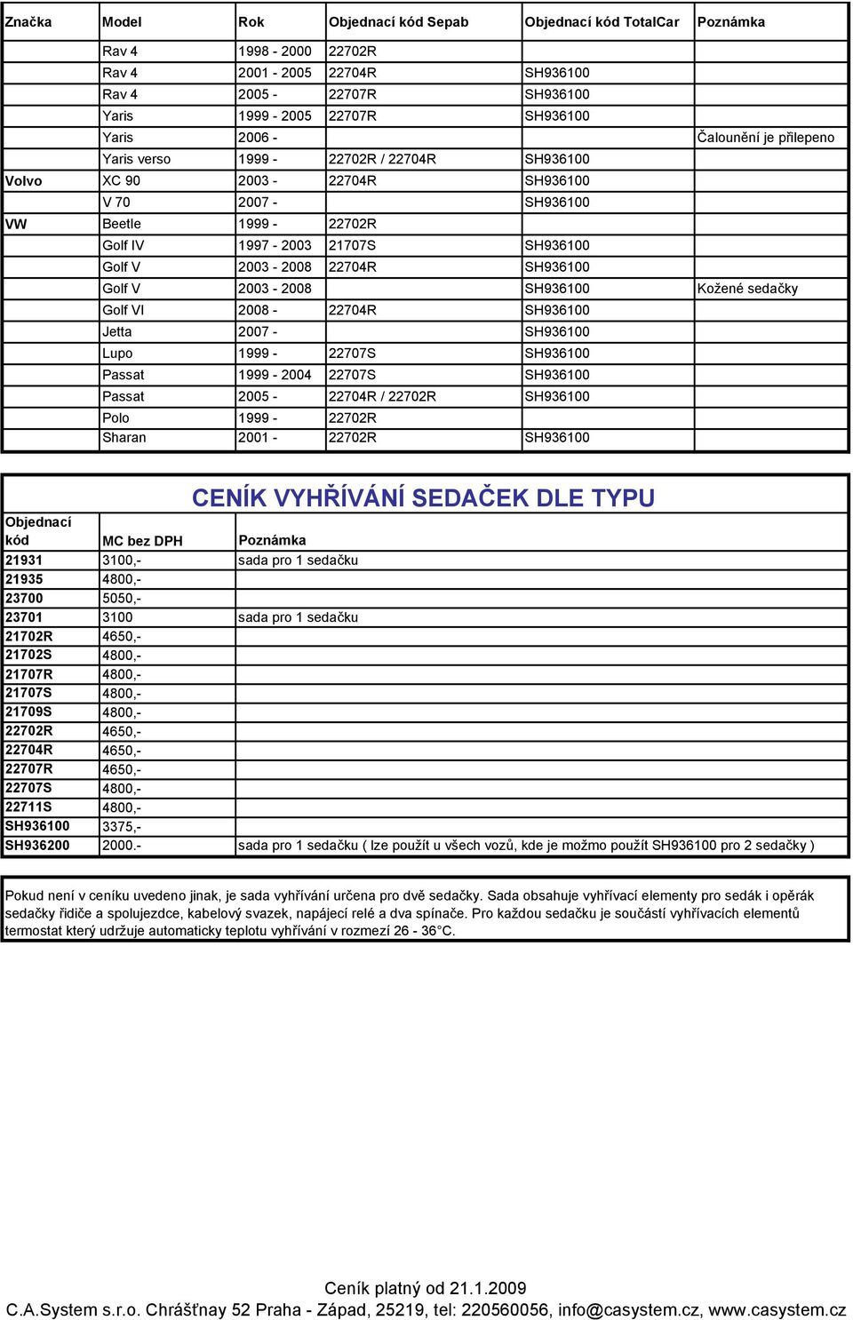 VYHŘÍVÁNÍ SEDAČEK DLE TYPU Objednací kód MC bez DPH Poznámka 21931 3100,- sada pro 1 sedačku 21935 4800,- 23700 5050,- 23701 3100 sada pro 1 sedačku 21702R 4650,- 21702S 4800,- 21707R 4800,- 21707S