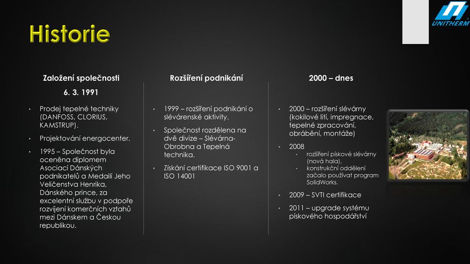 Českou republikou. Rozšíření podnikání 1999 rozšíření podnikání o slévárenské aktivity. Společnost rozdělena na dvě divize Slévárna- Obrobna a Tepelná technika.