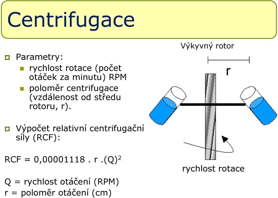 Výkyvný rotor Výpočet relativní centrifugační síly (RCF): RCF =