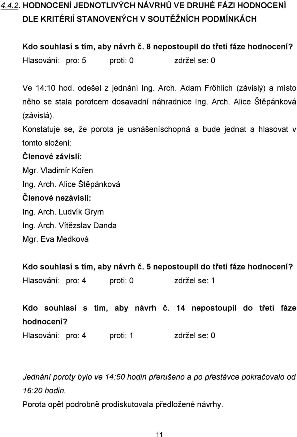 Konstatuje se, že porota je usnášeníschopná a bude jednat a hlasovat v tomto složení: Členové závislí: Mgr. Vladimír Kořen Ing. Arch. Alice Štěpánková Členové nezávislí: Ing. Arch. Ludvík Grym Ing.