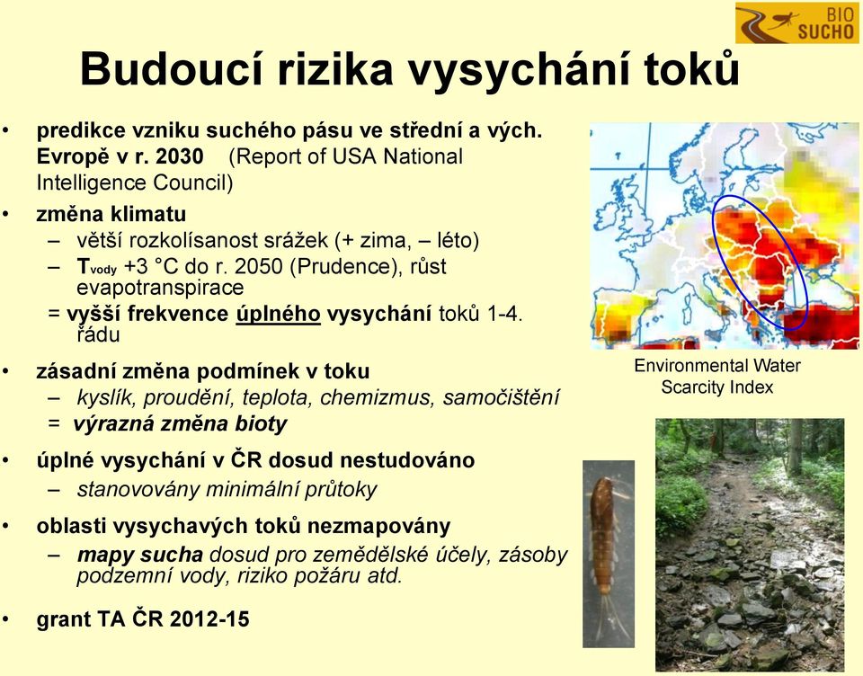 2050 (Prudence), růst evapotranspirace = vyšší frekvence úplného vysychání toků 1-4.