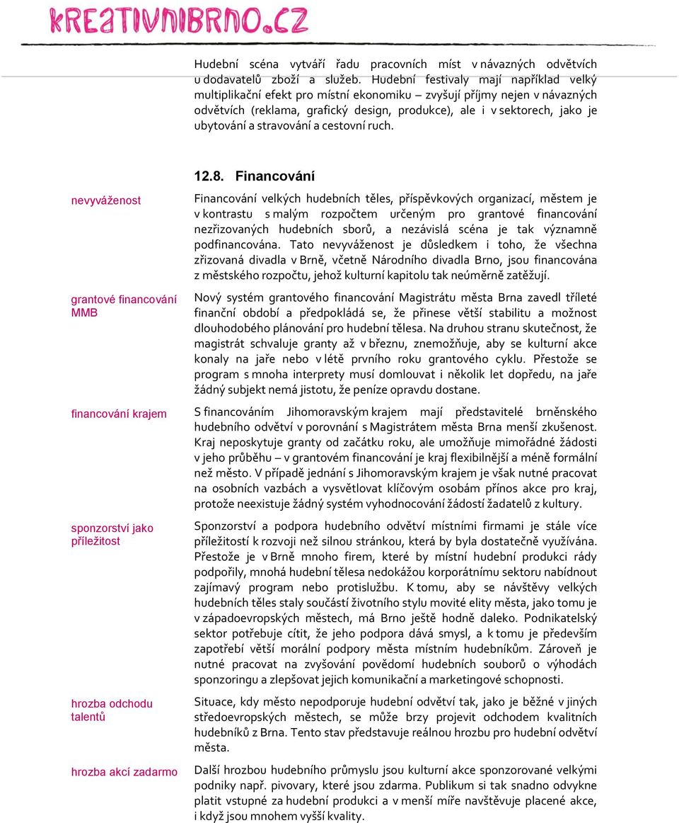 stravování a cestovní ruch. nevyváženost grantové financování MMB financování krajem sponzorství jako příležitost hrozba odchodu talentů hrozba akcí zadarmo 12.8.
