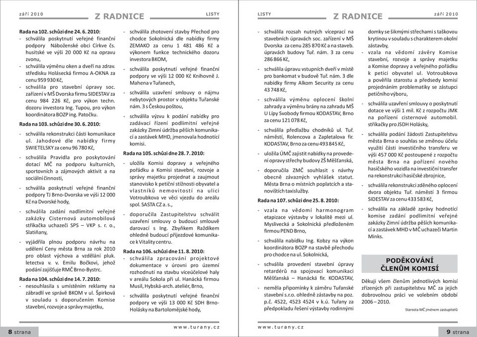 zaøízení v MŠ Dvorska firmu SIDESTAV za cenu 984 226 Kè, pro výkon techn. dozoru investora Ing. Tupou, pro výkon koordinátora BOZP ing. Patoèku. Rada na 103. schùzi dne 30. 6.