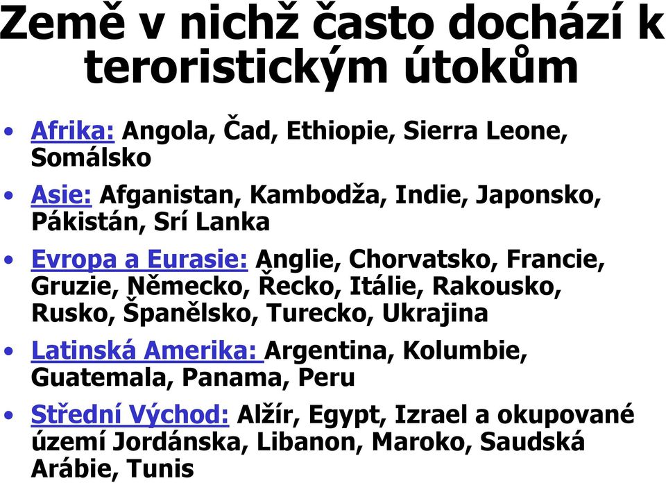 Německo, Řecko, Itálie, Rakousko, Rusko, Španělsko, Turecko, Ukrajina Latinská Amerika: Argentina, Kolumbie,