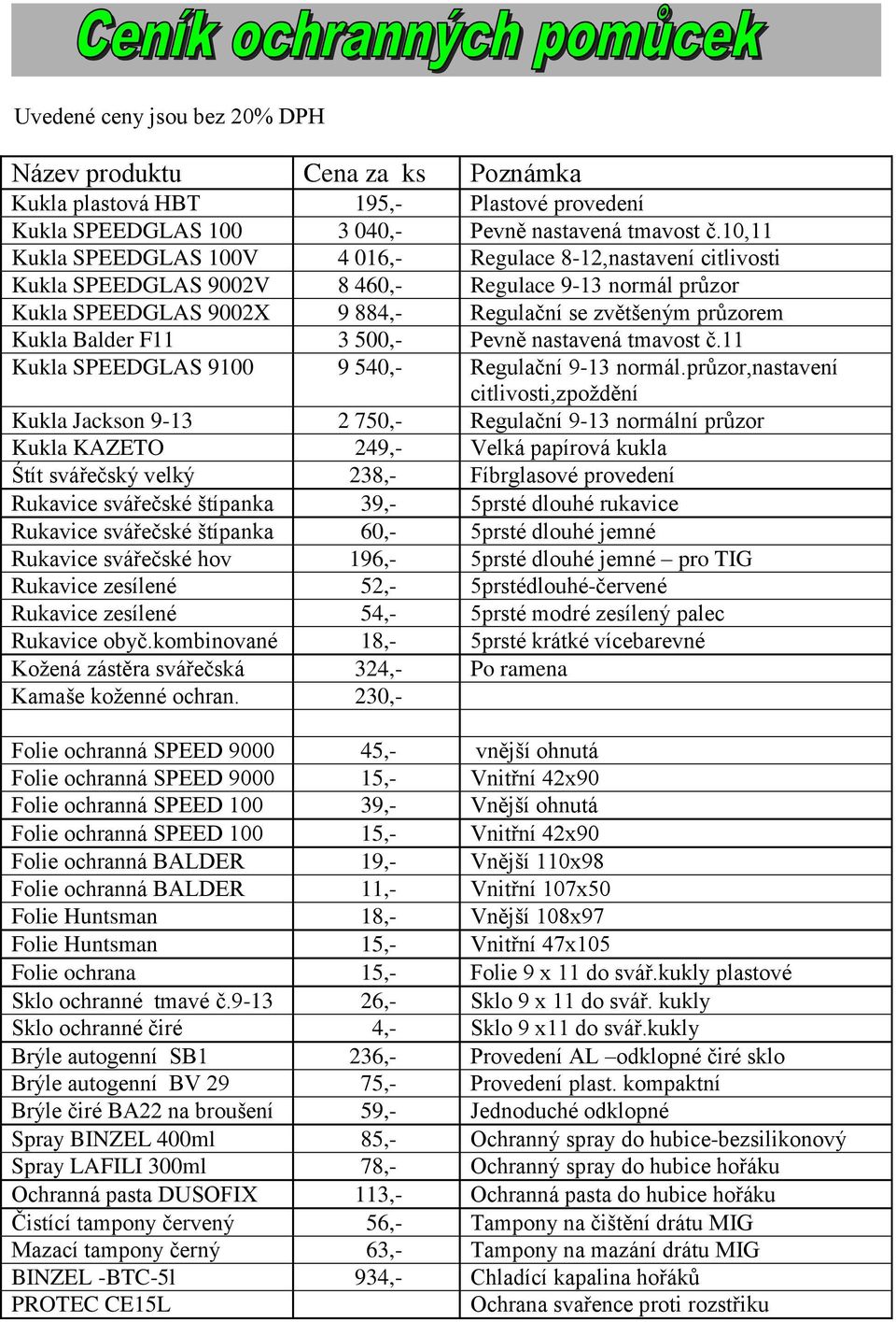 Balder F11 3 500,- Pevně nastavená tmavost č.11 Kukla SPEEDGLAS 9100 9 540,- Regulační 9-13 normál.