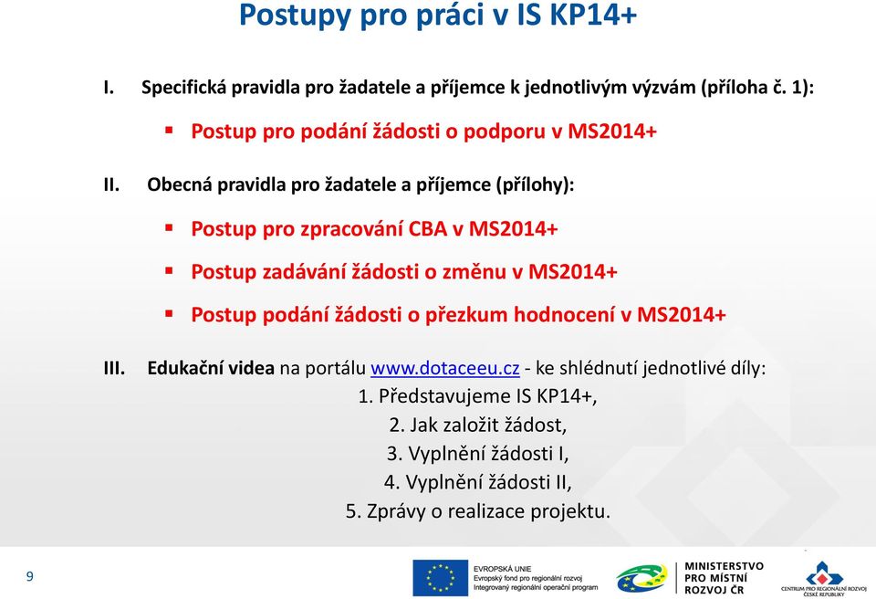 Obecná pravidla pro žadatele a příjemce (přílohy): Postup pro zpracování CBA v MS2014+ Postup zadávání žádosti o změnu v MS2014+ Postup