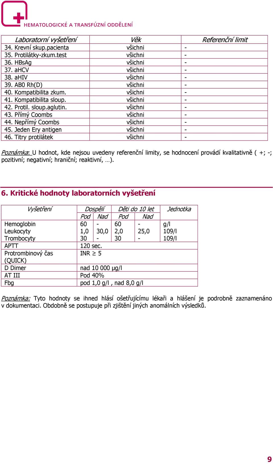 Titry protilátek všichni - Poznámka: U hodnot, kde nejsou uvedeny referenční limity, se hodnocení provádí kvalitativně ( +; -; pozitivní; negativní; hraniční; reaktivní, ). 6.