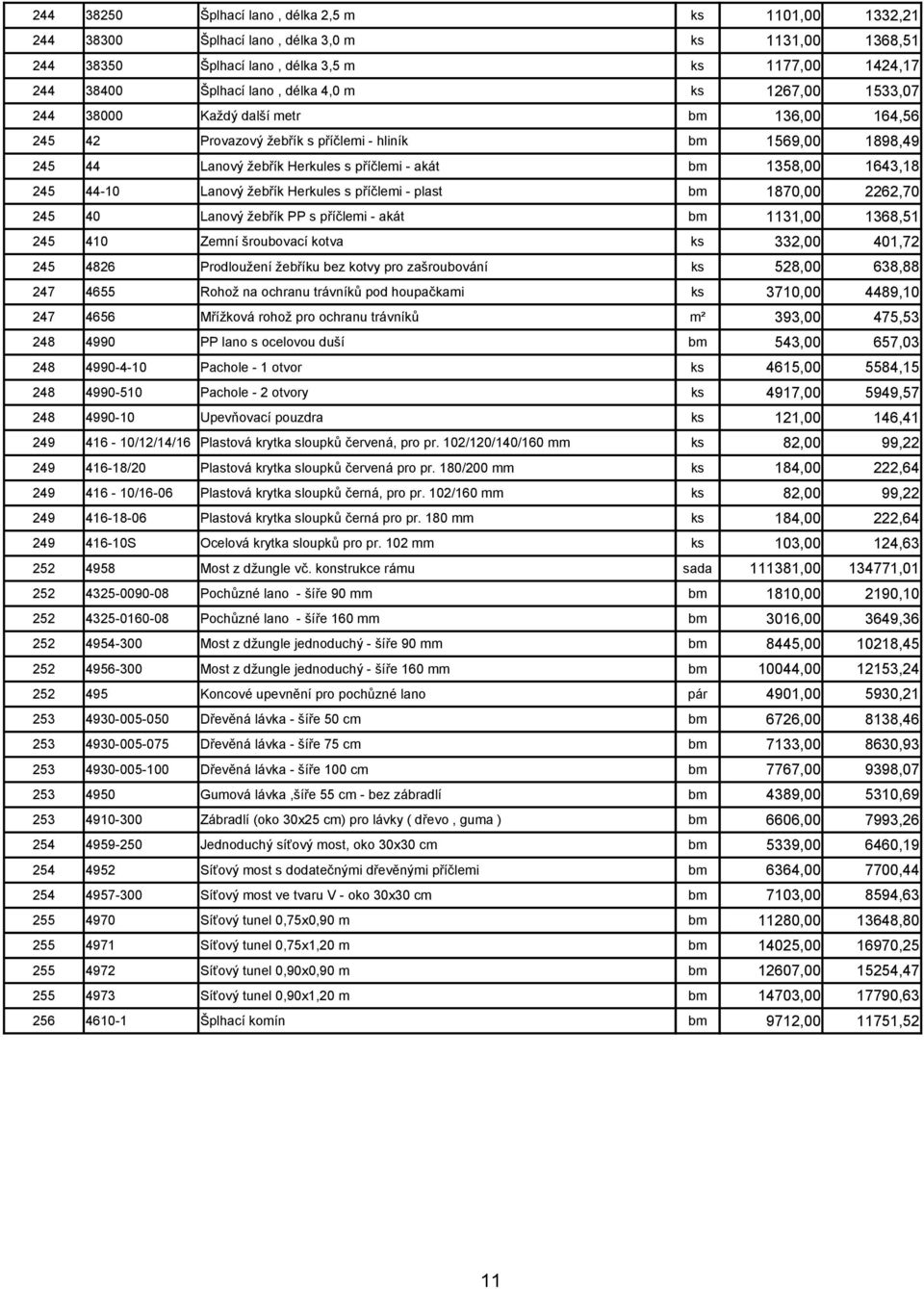 44-10 Lanový žebřík Herkules s příčlemi - plast bm 1870,00 2262,70 245 40 Lanový žebřík PP s příčlemi - akát bm 1131,00 1368,51 245 410 Zemní šroubovací kotva ks 332,00 401,72 245 4826 Prodloužení