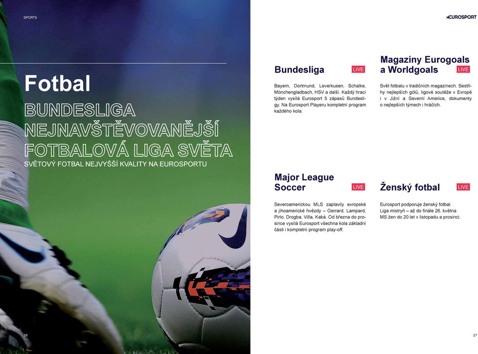 Sestřihy nejlepších gólů, ligové soutěže v Evropě i v Jižní a Severní Americe, dokumenty o nejlepších týmech i hráčích.