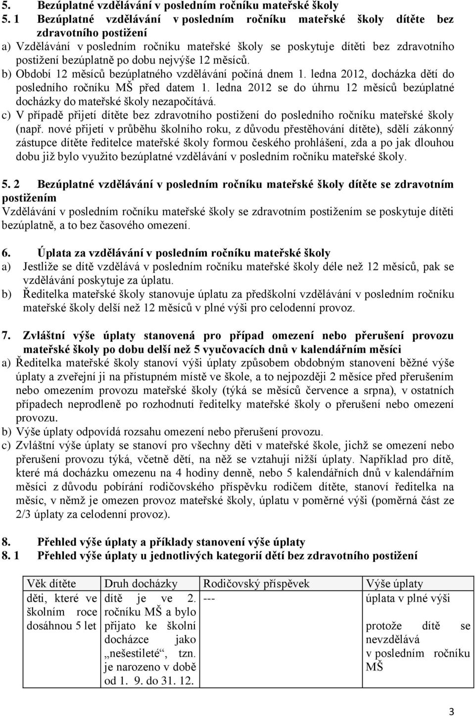 po dobu nejvýše 12 měsíců. b) Období 12 měsíců bezúplatného vzdělávání počíná dnem 1. ledna 2012, docházka dětí do posledního ročníku MŠ před datem 1.