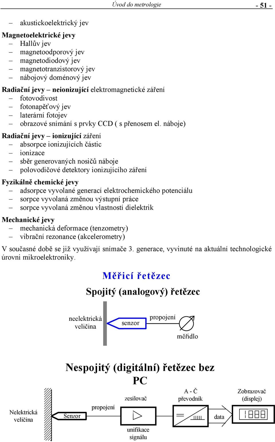 náboje) Radiační jevy ionizující záření absorpce ionizujících částic ionizace sběr generovaných nosičů náboje polovodičové detektory ionizujícího záření Úvod do metrologie - 51 - Fyzikálně chemické