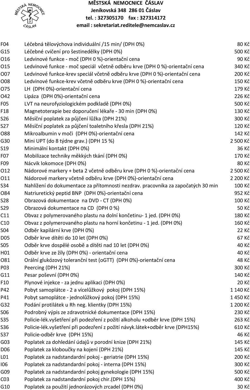 %)-orientační cena 150 Kč O75 LH (DPH 0%)-orientační cena 179 Kč O42 Lipáza (DPH 0%)-orientační cena 226 Kč F05 LVT na neurofyziologickém podkladě (DPH 0%) 500 Kč F18 Magnetoterapie bez doporučení