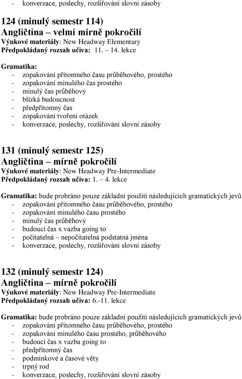 Angličtina mírně pokročilí Předpokládaný rozsah učiva: 1. 4.