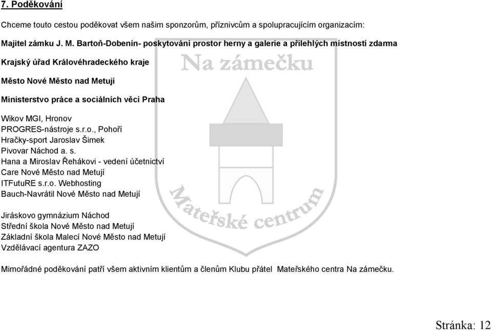 Bartoň-Dobenín- poskytování prostor herny a galerie a přilehlých místností zdarma Krajský úřad Královéhradeckého kraje Město Nové Město nad Metují Ministerstvo práce a sociálních věcí Praha Wikov