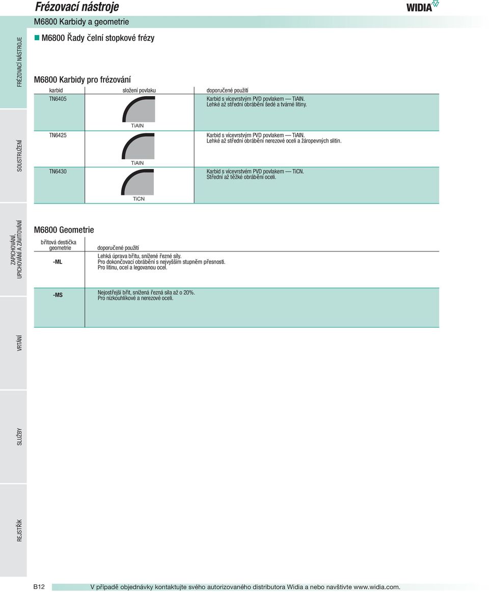 Karbid s vícevrstvém PVD povlakem TiC. třední až těžké obrábění oceli. TiC 6800 Geometrie břitová destička geometrie -L doporučené použití Lehká úprava břitu, snížené řezné síly.