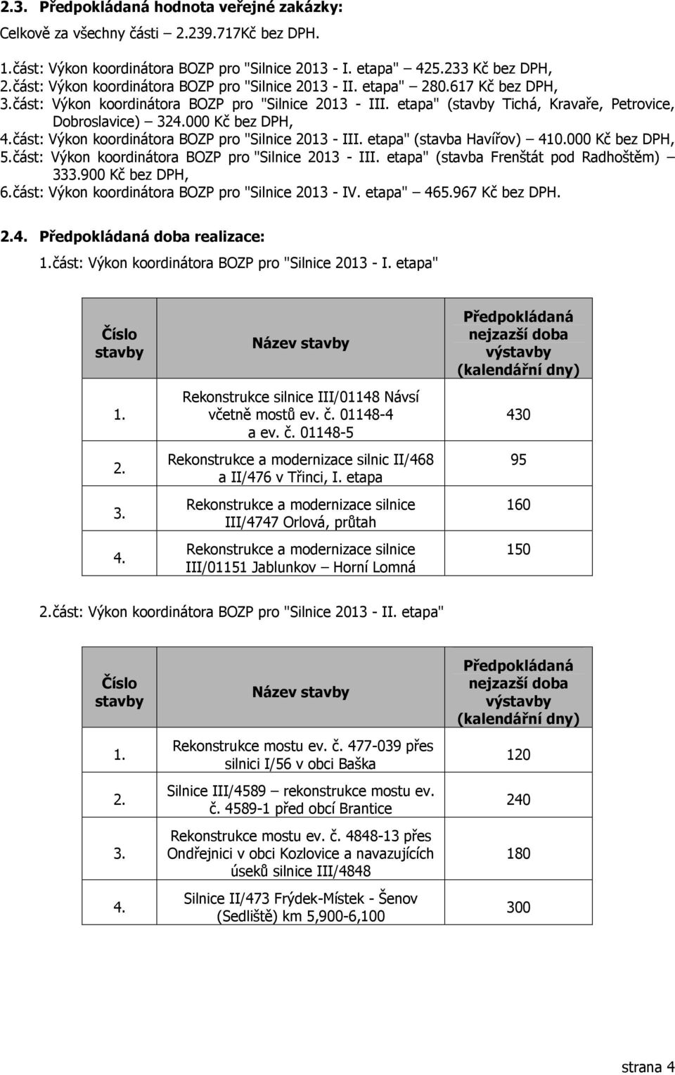 etapa" ( Tichá, Kravaře, Petrovice, Dobroslavice) 32000 Kč bez DPH, část: Výkon koordinátora BOZP pro "Silnice 2013 - III. etapa" (stavba Havířov) 410.000 Kč bez DPH, 5.