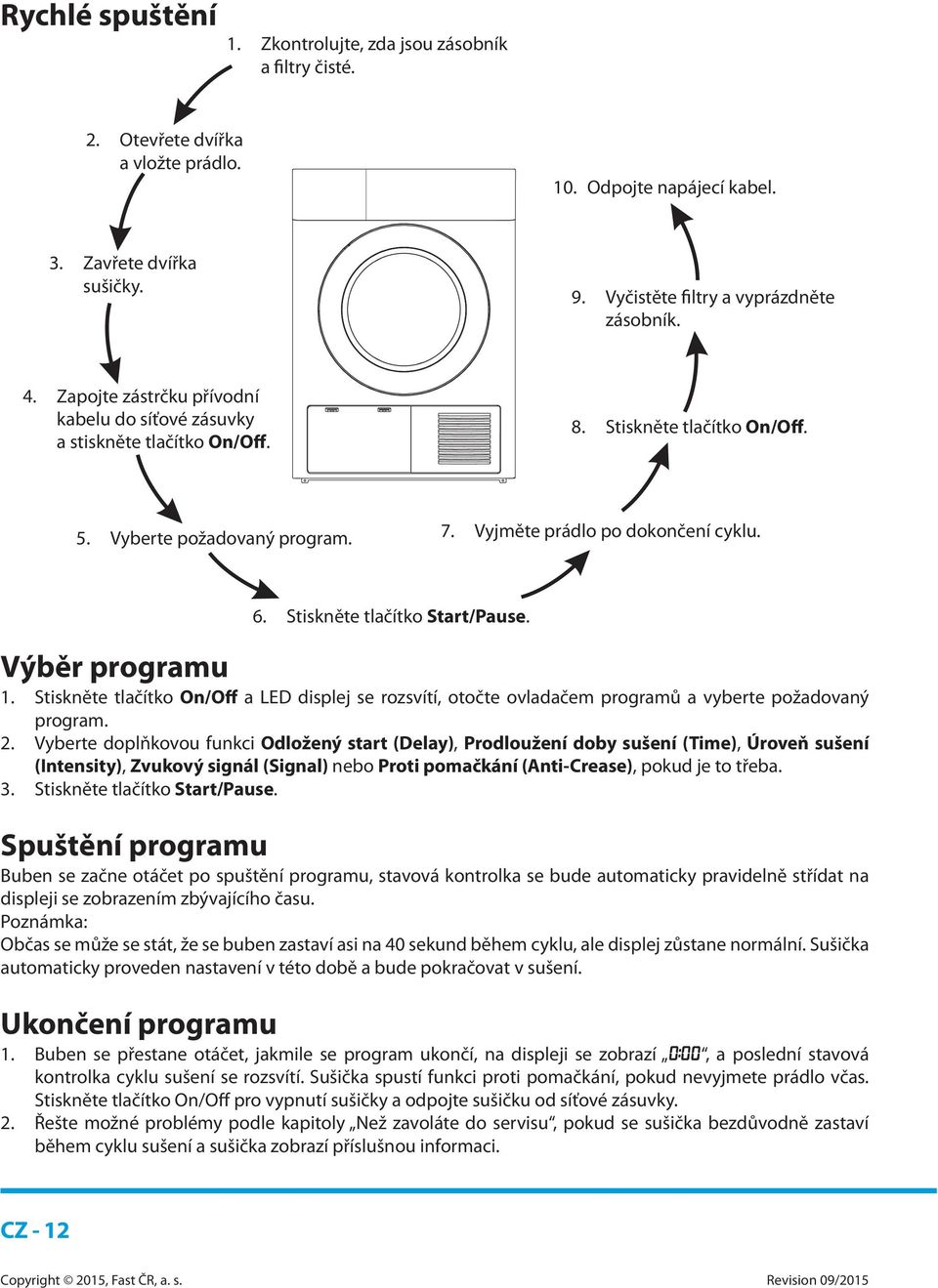 Vyjměte prádlo po dokončení cyklu. 6. Stiskněte tlačítko Start/Pause. Výběr programu 1. Stiskněte tlačítko On/Off a LED displej se rozsvítí, otočte ovladačem programů a vyberte požadovaný program. 2.