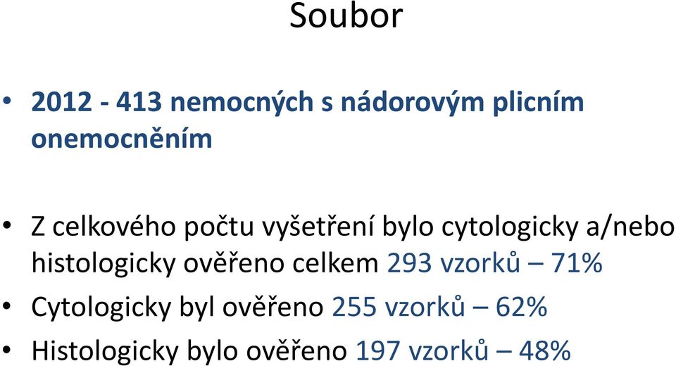 histologicky ověřeno celkem 293 vzorků 71% Cytologicky