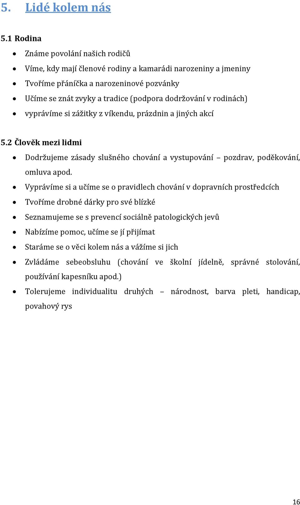 rodinách) vyprávíme si zážitky z víkendu, prázdnin a jiných akcí 5.2 Člověk mezi lidmi Dodržujeme zásady slušného chování a vystupování pozdrav, poděkování, omluva apod.