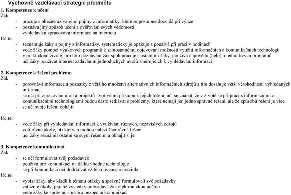 internetu - seznamuje žáky s pojmy z informatiky, systematicky je opakuje a používá při práci v hodinách - vede žáky pomocí výukových programů k samostatnému objevování možností využití informačních