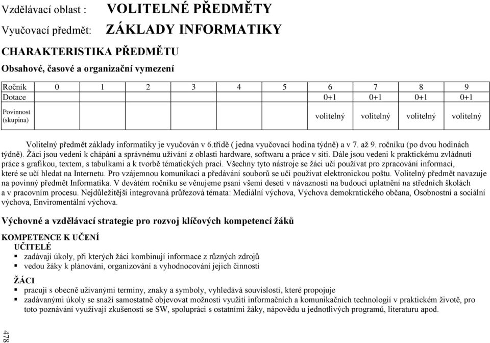 Žáci jsou vedeni k chápání a správnému užívání z oblasti hardware, softwaru a práce v síti. Dále jsou vedeni k praktickému zvládnutí práce s grafikou, textem, s tabulkami a k tvorbě tématických prací.