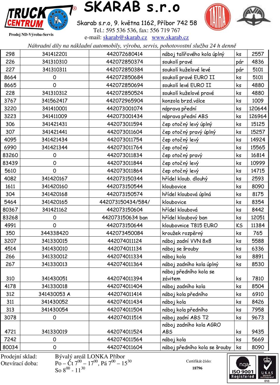 válce ks 1009 3220 341410001 442073001074 náprava přední ks 120644 3223 341411009 442073001434 náprava přední ABS ks 126964 306 341421431 442073011594 čep otočný levý úplný ks 15125 307 341421441