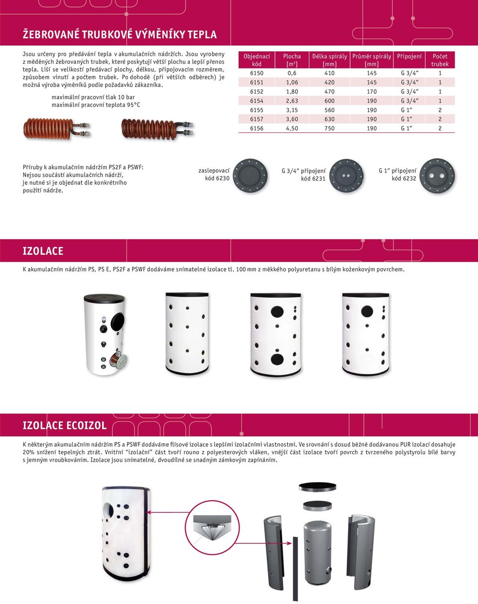 maximální pracovní tlak 10 bar Objednací kód Plocha [m 2 ] Délka spirály Průměr spirály Připojení Počet trubek 6150 0,6 410 145 G 3/4 1 6151 1,06 420 145 G 3/4 1 6152 1,80 470 170 G 3/4 1 6154 2,63