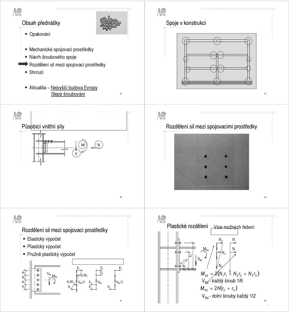 Pružně plastický výpočet Plastické rozdělení Více možných řešení 47 ( N r + N r N ) M Sd = 2 1