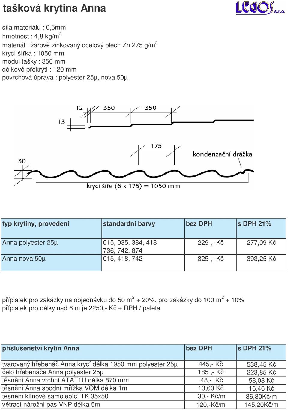 393,25 K píplatek pro zakázky na objednávku do 50 m 2 + 20%, pro zakázky do 100 m 2 + 10% píplatek pro délky nad 6 m je 2250,- K + DPH / paleta píslušenství krytin Anna bez DPH s DPH 21% tvarovaný