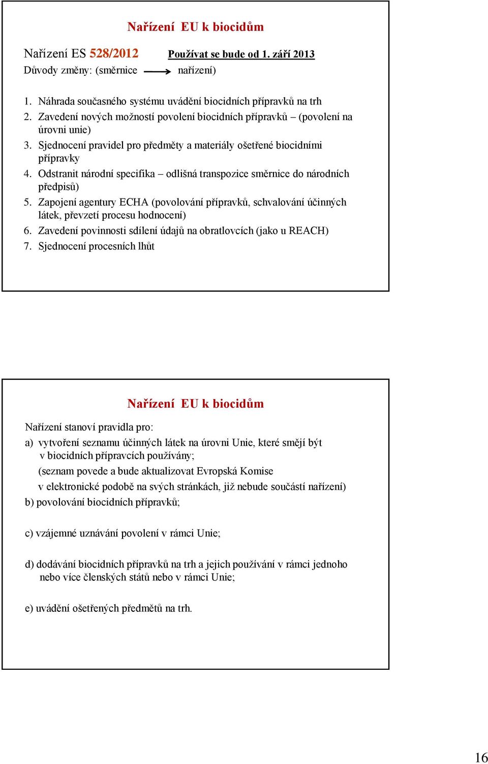 Odstranit národní specifika odlišná transpozice směrnice do národních předpisů) 5. Zapojení agentury ECHA (povolování přípravků, schvalování účinných látek, převzetí procesu hodnocení) 6.