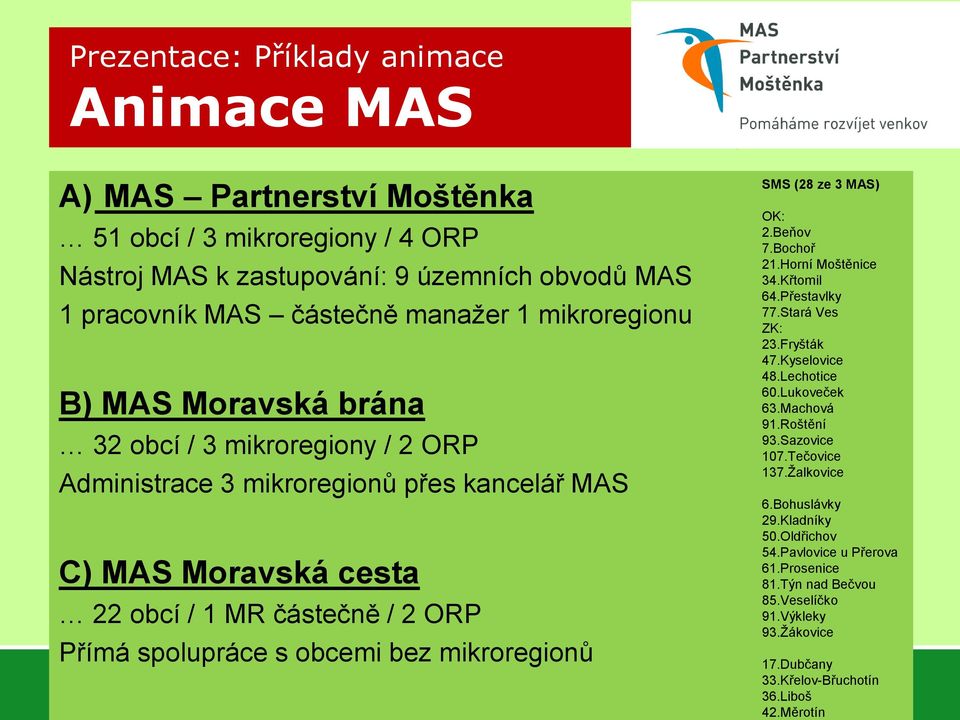 bez mikroregionů SMS (28 ze 3 MAS) OK: 2.Beňov 7.Bochoř 21.Horní Moštěnice 34.Křtomil 64.Přestavlky 77.Stará Ves ZK: 23.Fryšták 47.Kyselovice 48.Lechotice 60.Lukoveček 63.Machová 91.Roštění 93.