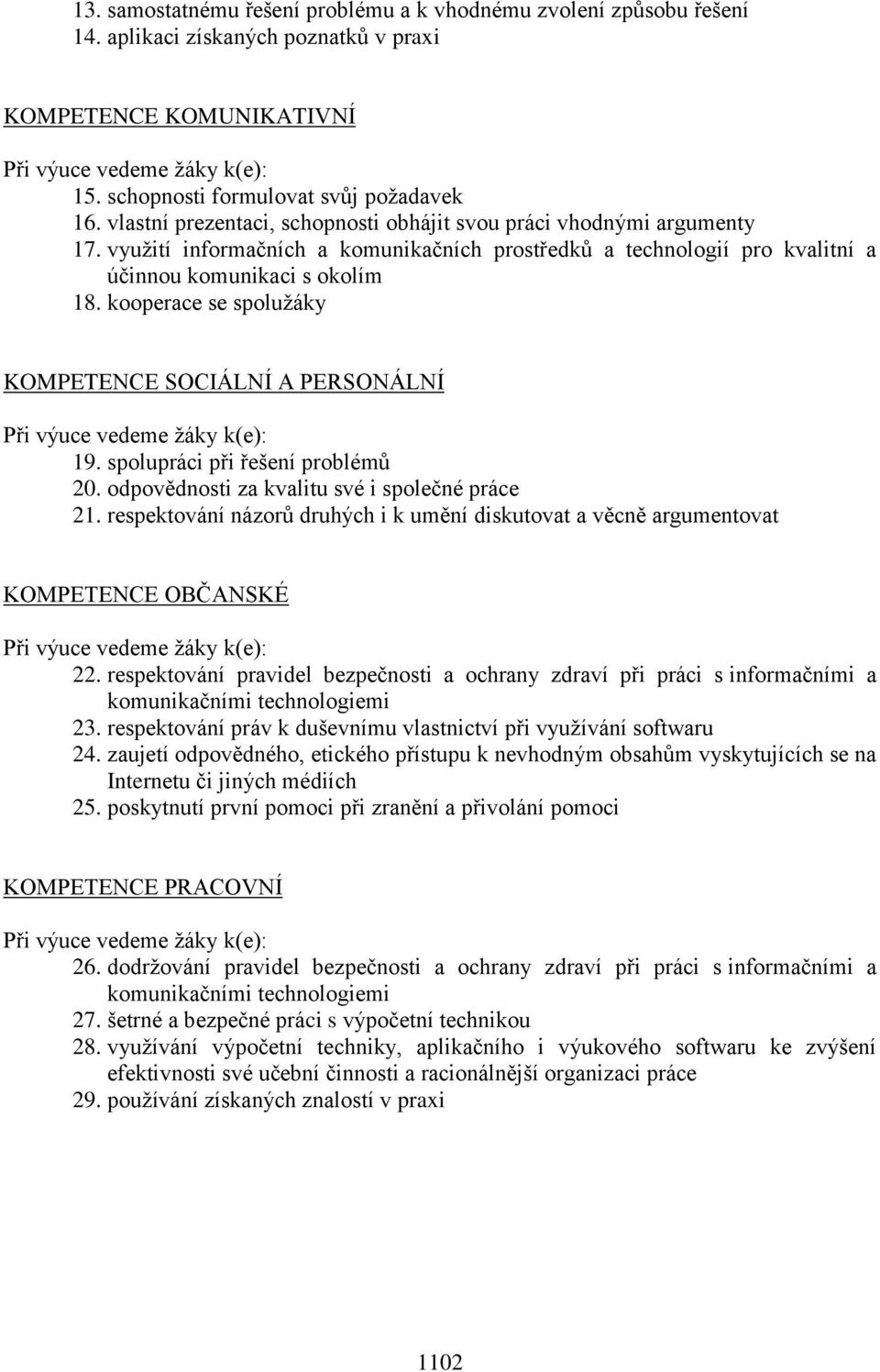 využití informačních a komunikačních prostředků a technologií pro kvalitní a účinnou komunikaci s okolím 18. kooperace se spolužáky KOMPETENCE SOCIÁLNÍ A PERSONÁLNÍ Při výuce vedeme žáky k(e): 19.