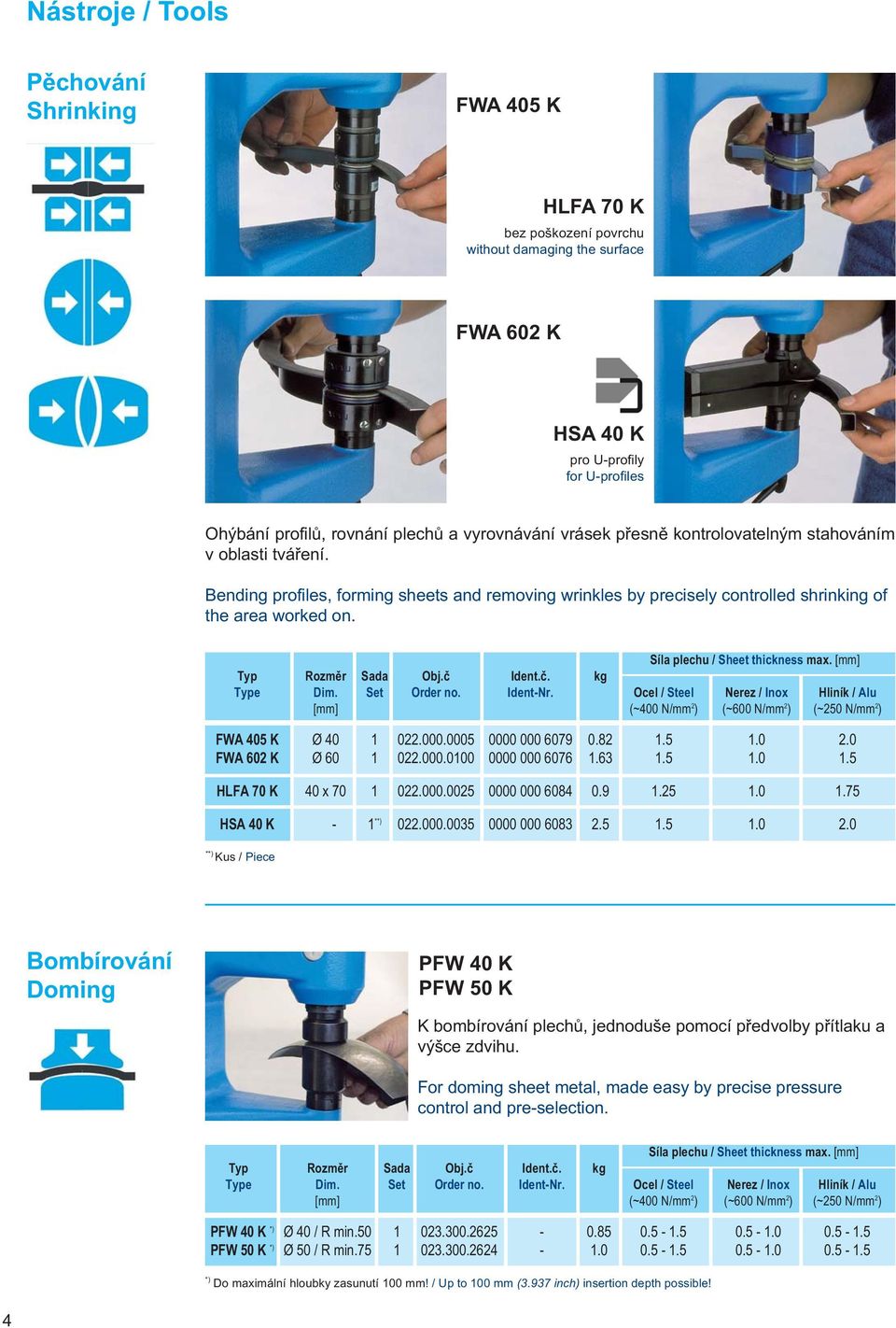 FWA 405 K Ø 40 1 022.000.0005 0000 000 6079 0.82 1.5 1.0 2.0 FWA 602 K Ø 60 1 022.000.0100 0000 000 6076 1.63 1.5 1.0 1.5 HLFA 70 K 40 x 70 1 022.000.0025 0000 000 6084 0.9 1.25 1.0 1.75 HSA 40 K - 1 **) 022.