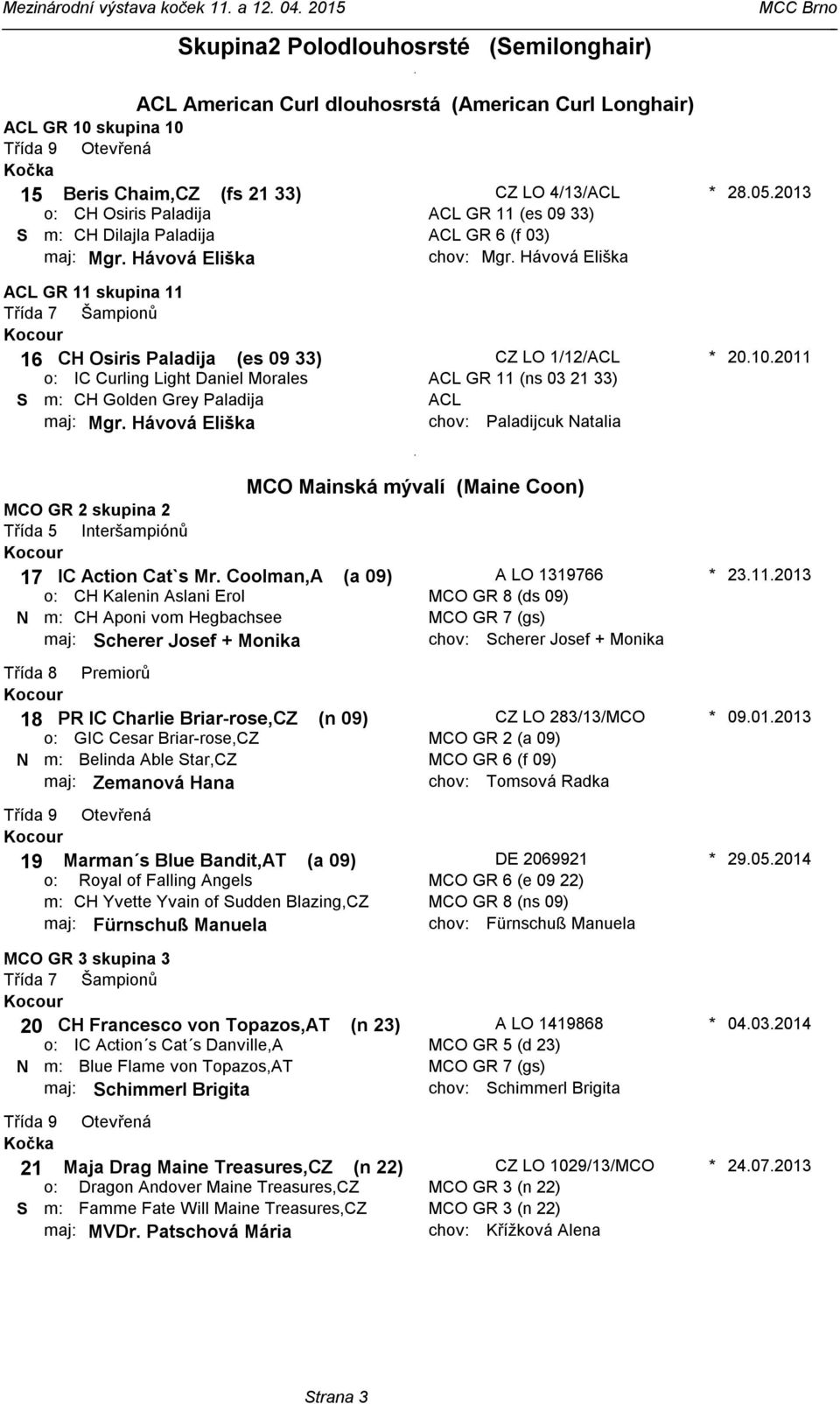 (es 09 33) IC Curling Light Daniel Morales S CH Golden Grey Paladija maj: Mgr Hávová Eliška CZ LO 1/12/ACL ACL GR 11 (ns 03 21 33) ACL Paladijcuk Natalia 20102011 MCO Mainská mývalí (Maine Coon) MCO