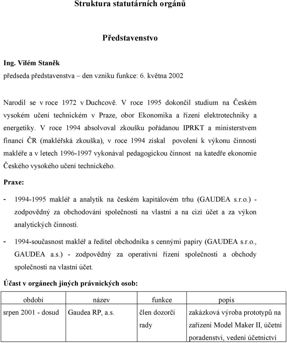 V roce 1994 absolvoval zkoušku pořádanou IPRKT a ministerstvem financí ČR (makléřská zkouška), v roce 1994 získal povolení k výkonu činnosti makléře a v letech 1996-1997 vykonával pedagogickou