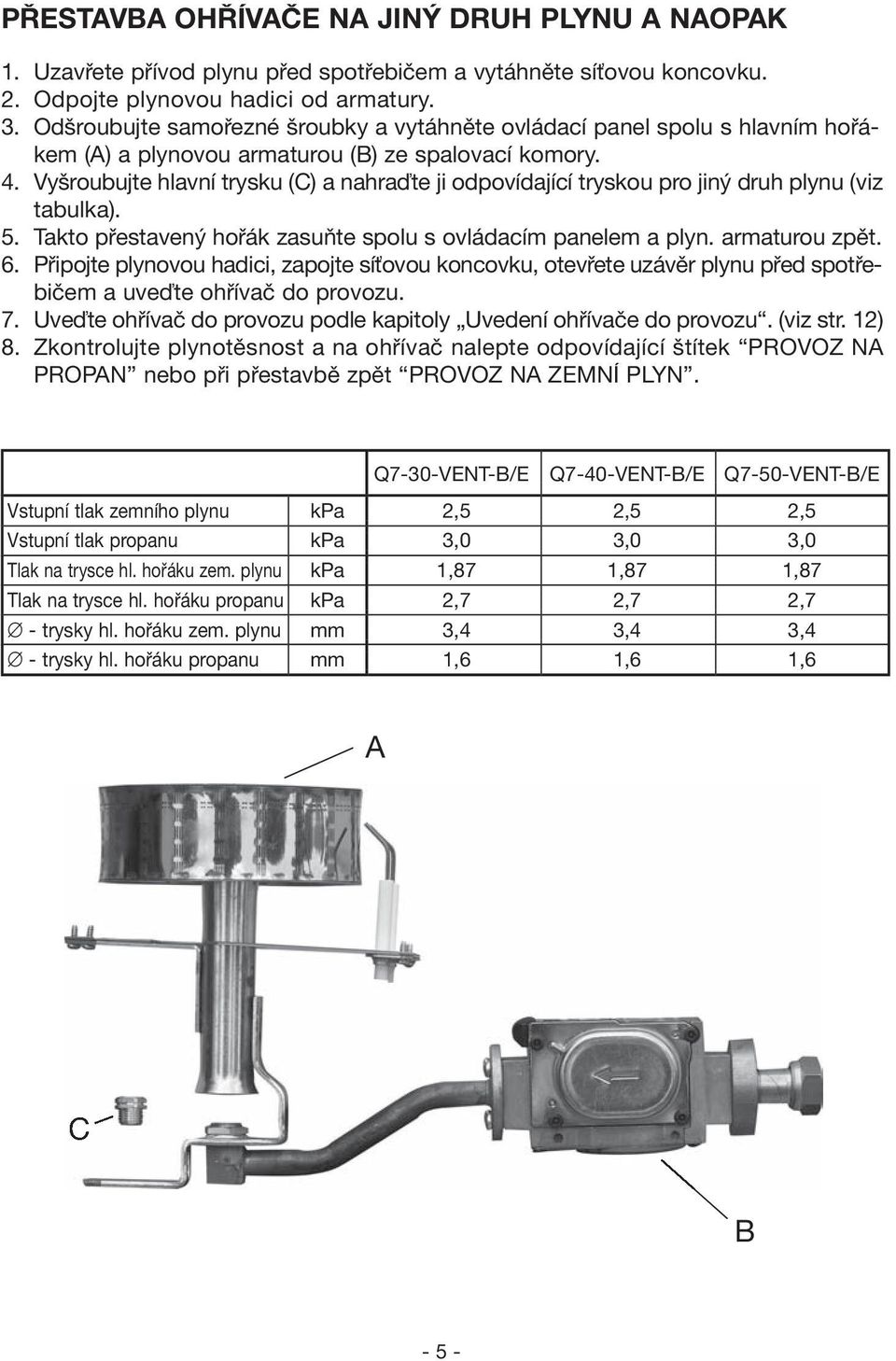 Vyšroubujte hlavní trysku (C) a nahraďte ji odpovídající tryskou pro jiný druh plynu (viz tabulka). 5. Takto přestavený hořák zasuňte spolu s ovládacím panelem a plyn. armaturou zpět. 6.
