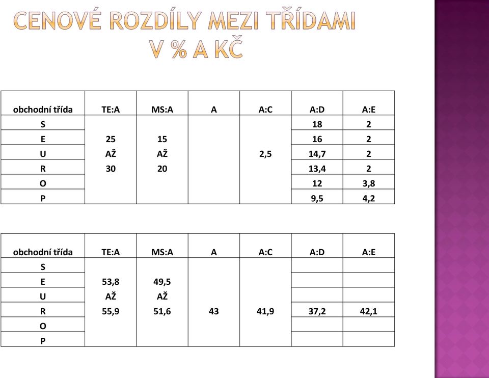 P 9,5 4,2 obchodní třída TE:A MS:A A A:C A:D A:E S