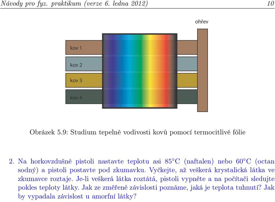 Na horkovzdušné pistoli nastavte teplotu asi 85 C (naftalen) nebo 60 C (octan sodný) a pistoli postavte pod zkumavku.