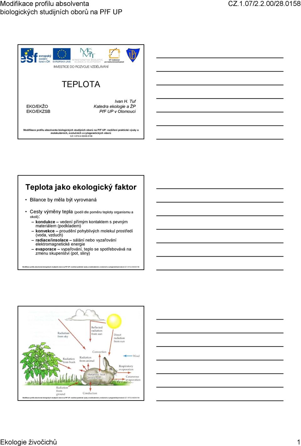oborů Teplota jako ekologický faktor Bilance by měla být vyrovnaná Cesty výměny tepla (podíl dle poměru teploty organismu a okolí): kondukce vedení