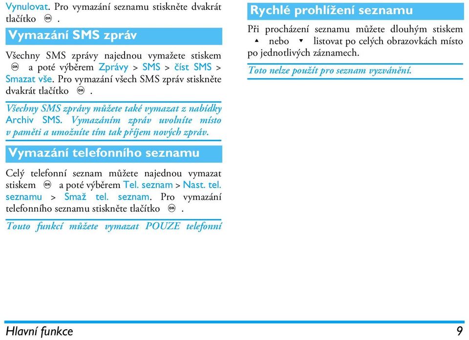 Vymazání telefonního seznamu Celý telefonní seznam můžete najednou vymazat stiskem, a poté výběrem Tel. seznam > Nast. tel. seznamu > Smaž tel. seznam. Pro vymazání telefonního seznamu stiskněte tlačítko,.