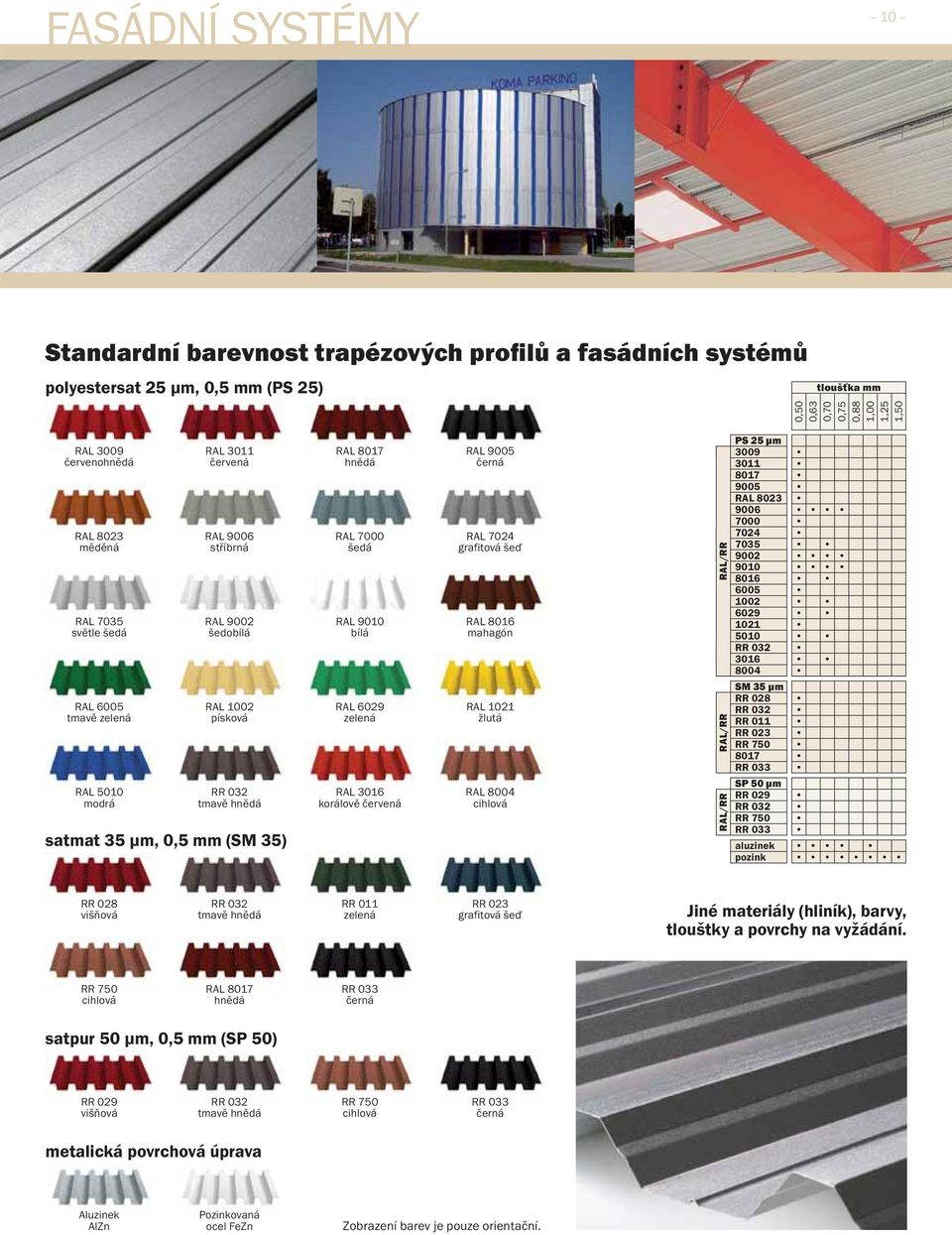 μm, 0,5 (SM ) RAL 9010 bílá RAL 6029 zelená RAL 3016 korálově červená RAL 7024 grafitová šeď RAL 8016 mahagón RAL 1021 žlutá RAL 8004 cihlová RAL/RR RAL/RR RAL/RR μm 3009 3011 8017 9005 RAL 8023 9006