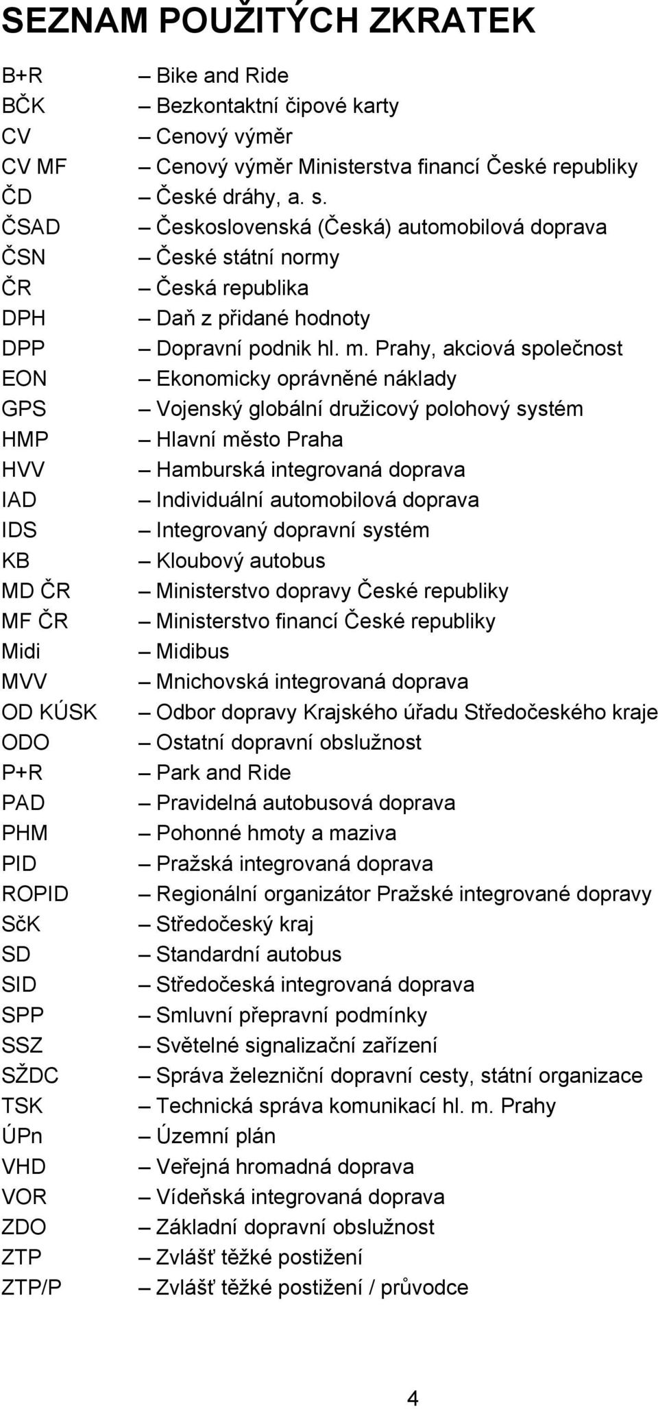 Prahy, akciová společnost EON Ekonomicky oprávněné náklady GPS Vojenský globální družicový polohový systém HMP Hlavní město Praha HVV Hamburská integrovaná doprava IAD Individuální automobilová