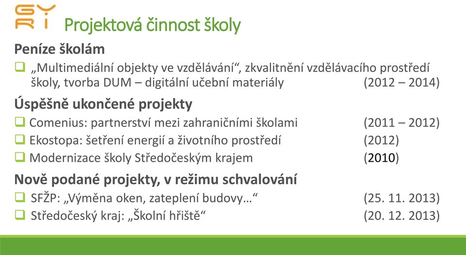 (2011 2012) Ekostopa: šetření energií a životního prostředí (2012) Modernizace školy Středočeským krajem (2010) Nově podané